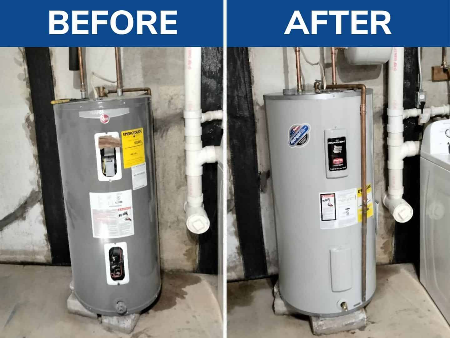 Replaced old 10-year-old Rheem water heater leaking from the bottom with new 50-gallon electric Bradford White with 2-gallon expansion tank.